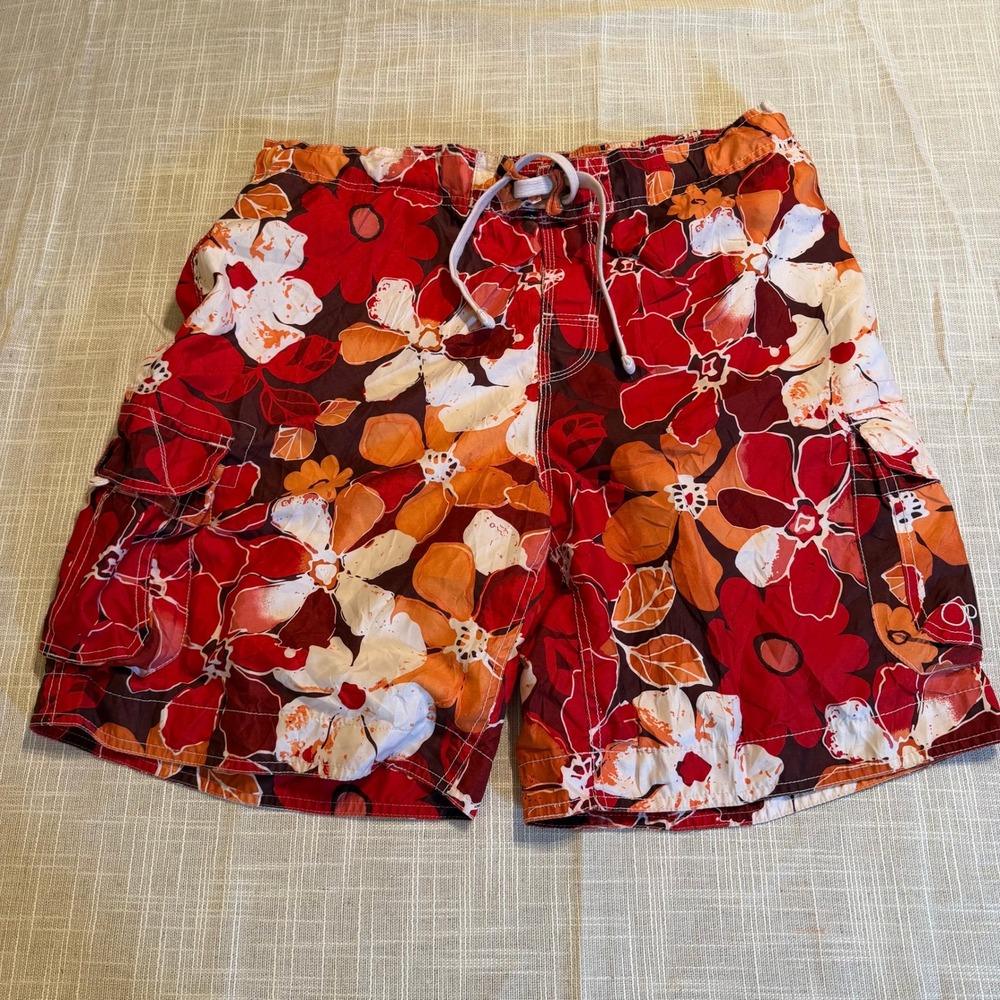 Ocean Pacific Mens Floral Cargo Board Shorts Red Orange Hibiscus Swim Trunks OP